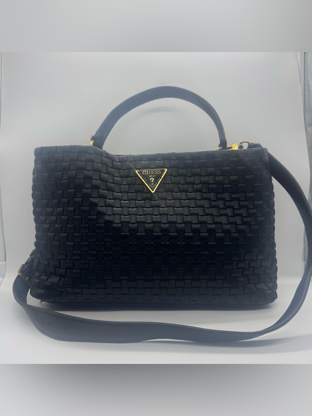 GUESS Black Woven Top-Handle Shoulder Bag with Gold Logo
